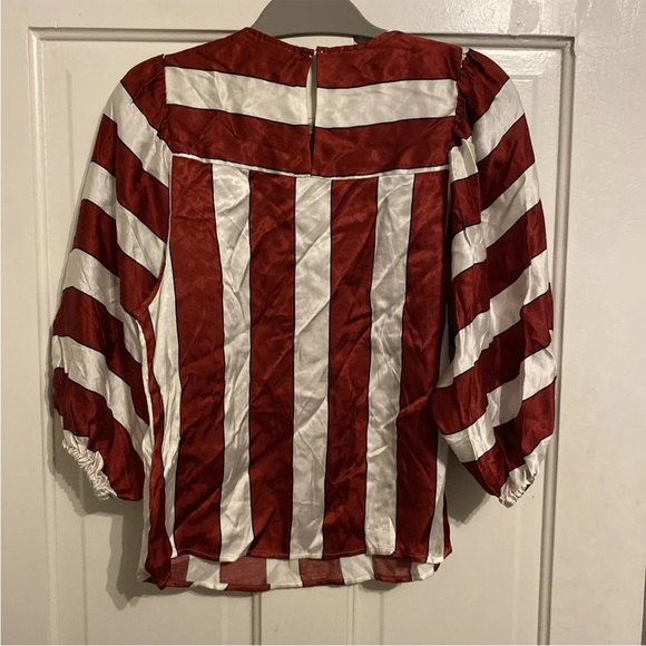 Anthropologie Maeve Maria Balloon Sleeve Striped Satin Blouse Red White 0 New - Picture 4 of 5